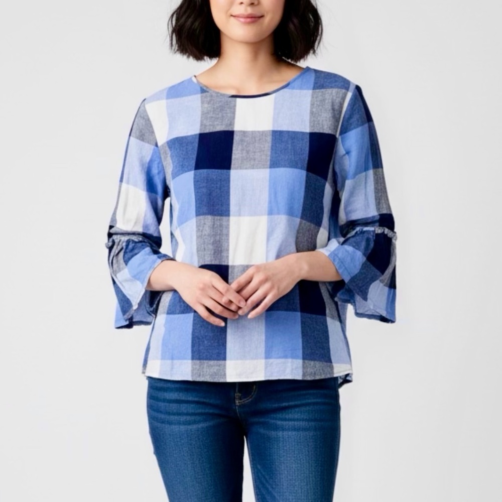 Women’s Van Heusen Blue Plaid Bell Sleeve Top size Large